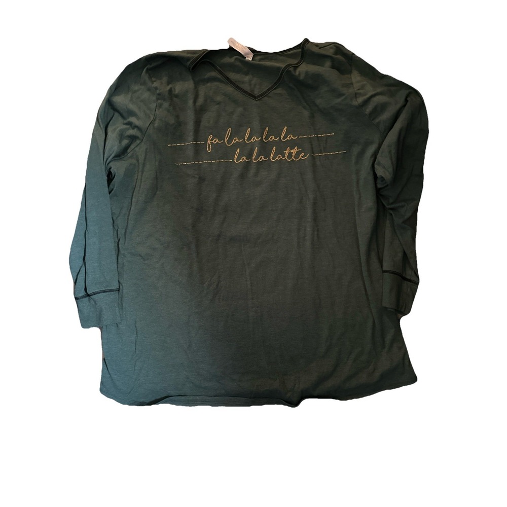 Cacique Night Sleep Shirt Fa La La latte Green gold 22/24 Vneck Long Sleeve‎